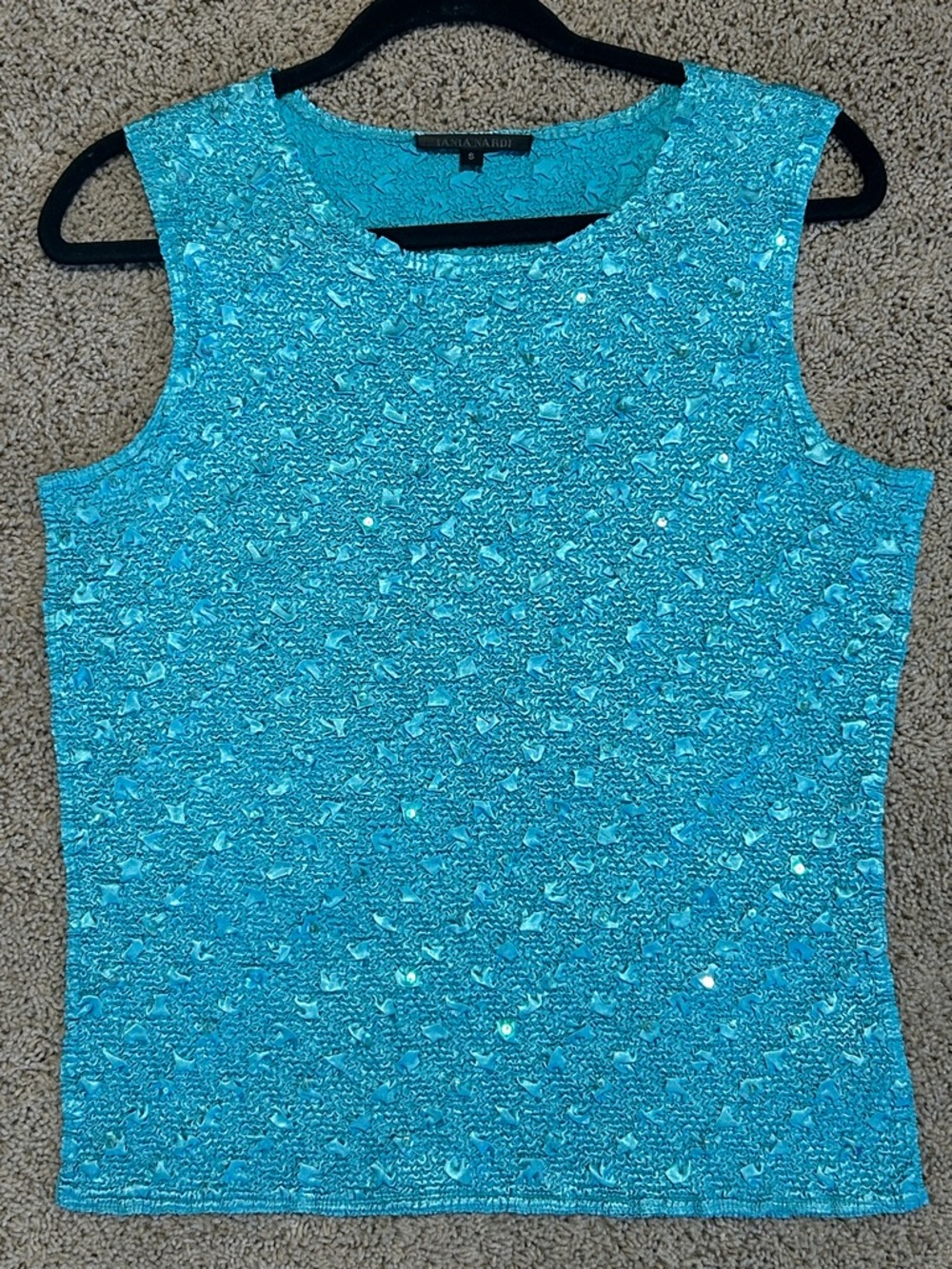 Handcafted Sequin Embellished Turquoise Tank Top by Tania Nardi, Size Small